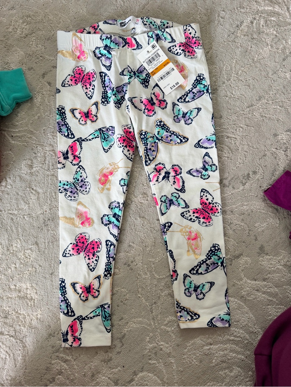 Epic Threads White Leggings with Pink, Teal, Purple & Gold Butterflies